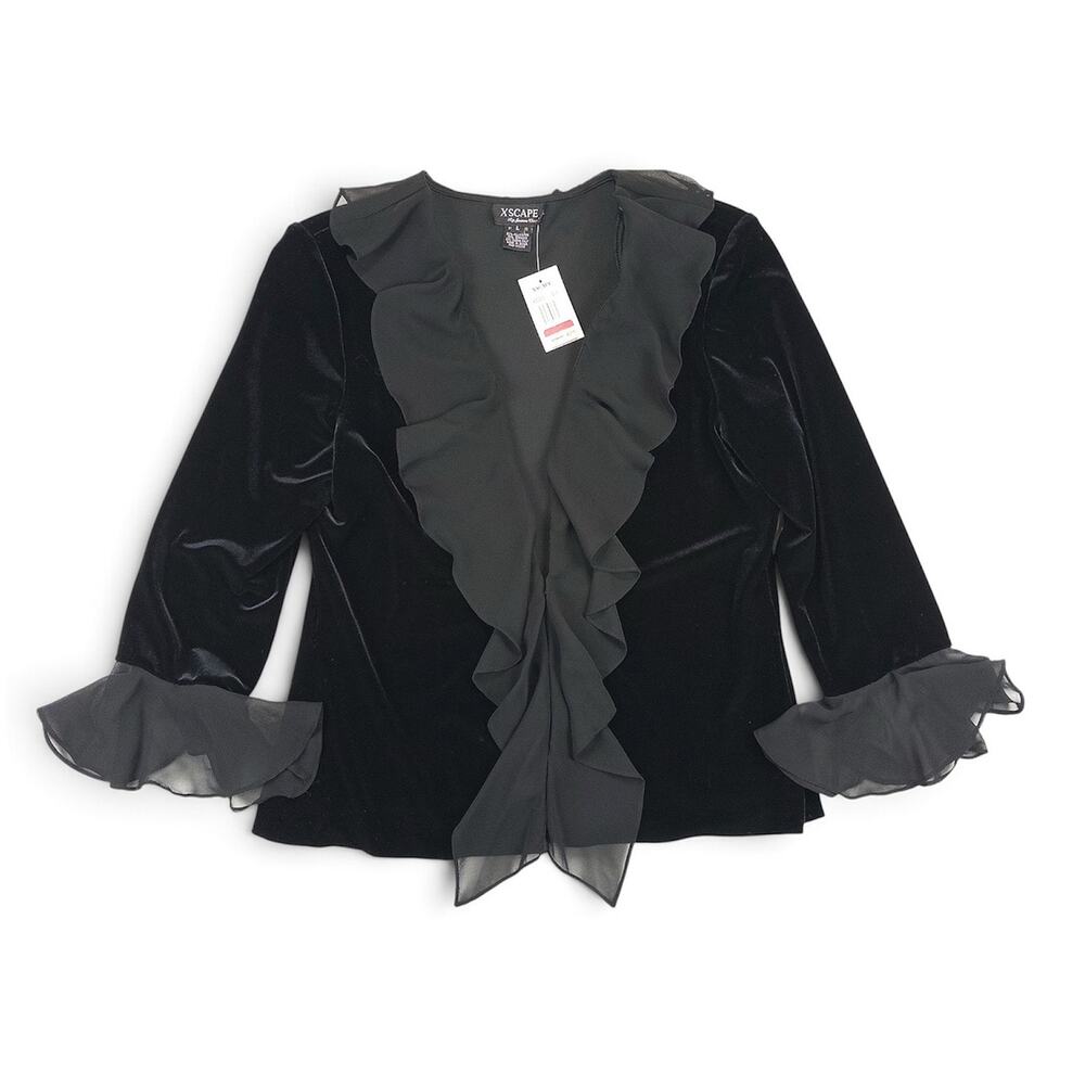 Xscape by Joanna Chen NWT Velvet Cardigan Womens L Black Chiffon Ruffle Evening